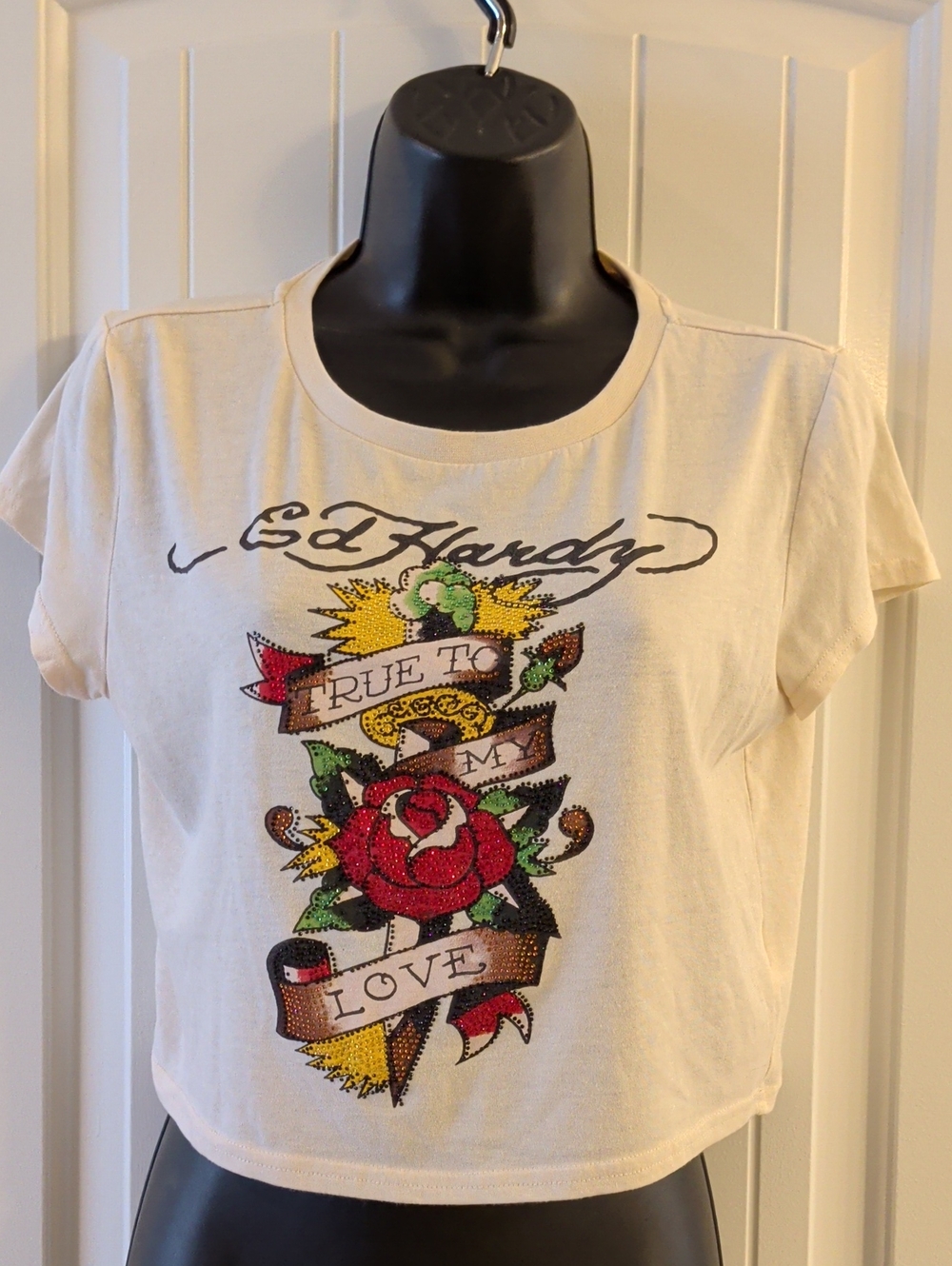 Ed Hardy True To Love Women’s Short Sleeve Baby Crop Tee Black Size Large Y2K